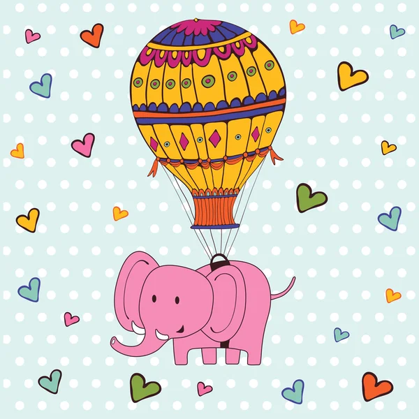 Linda tarjeta de hola con globo de aire caliente y elefante — Archivo Imágenes Vectoriales