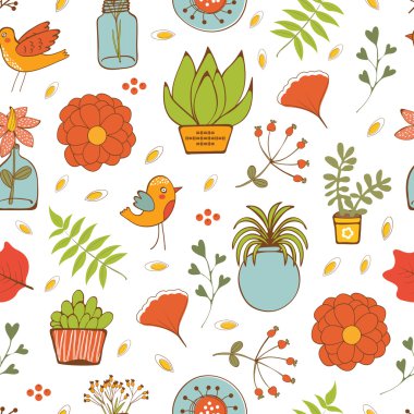 Seamless pattern with plants birds leaves and flowers clipart