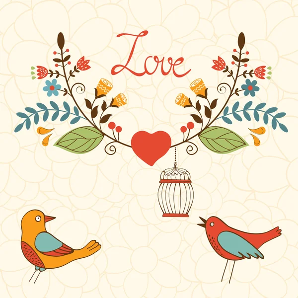 Elegant love card with birds and floral wreath — Stock Vector