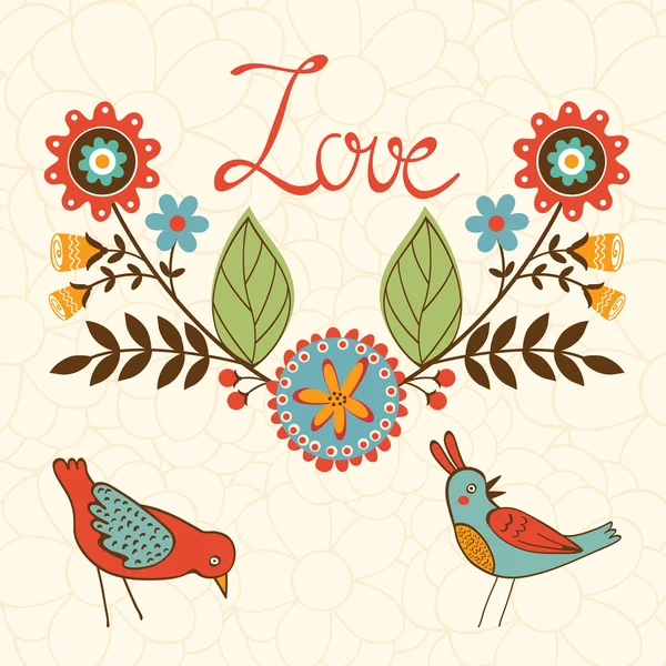 Elegante tarjeta de amor con pájaros y corona floral — Vector de stock