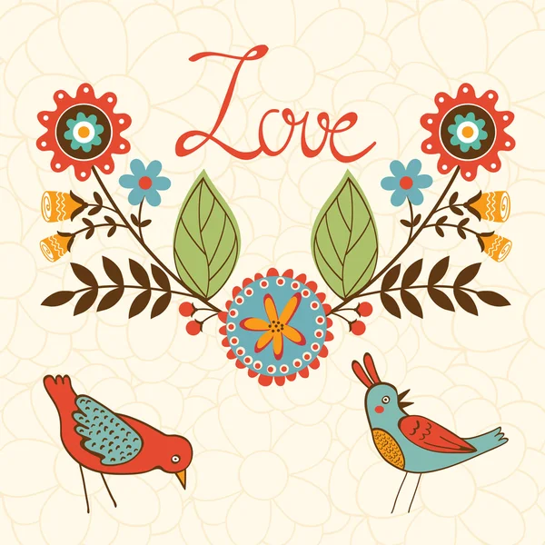 Elegant love card with birds and floral wreath — Stock Vector