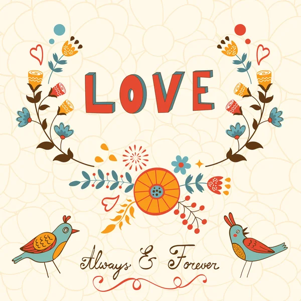 鳥とエレガントな愛カード — ストックベクタ