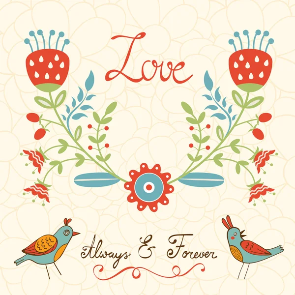 Elegante tarjeta de amor con pájaros — Vector de stock