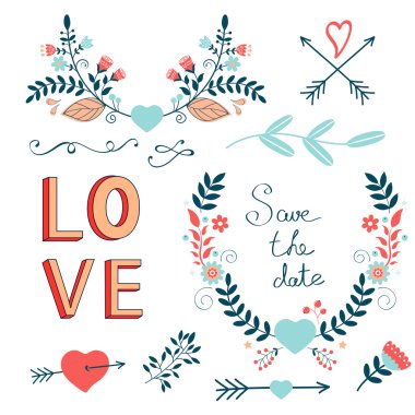 Çiçekler, çelenk ve diğer grafik öğeleri ile romantik toplama