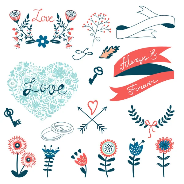 Collection romantique avec fleurs, couronnes et autres éléments graphiques — Image vectorielle