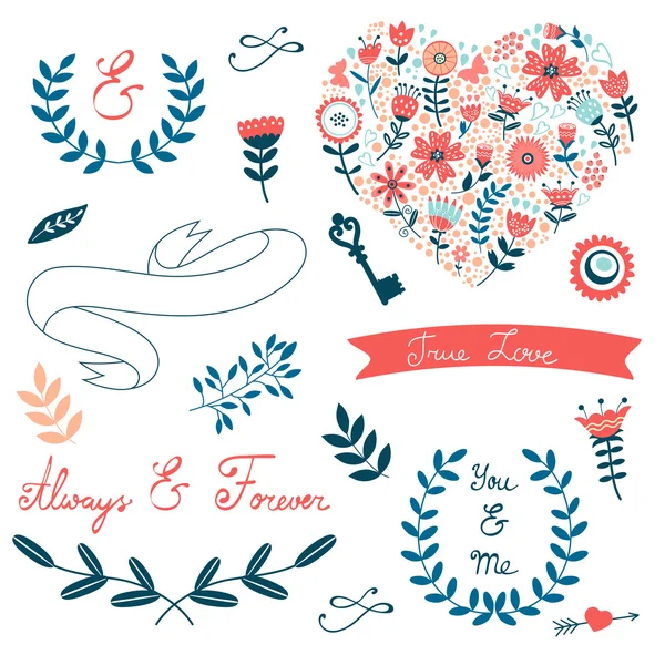 Romantic collection with flowers, wreaths and other graphic elements — Stock Vector