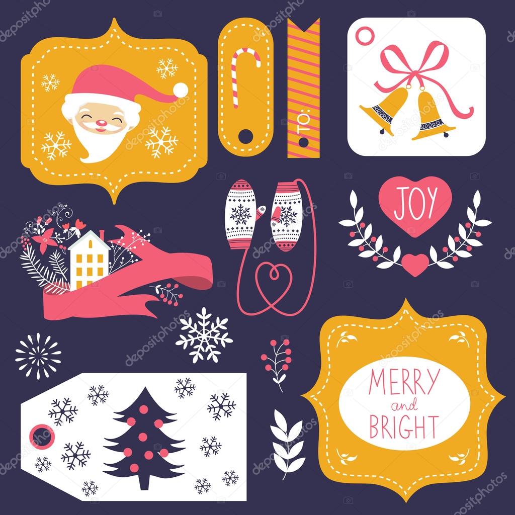 A Set Of Christmas Stickers, Scrapbook, Gift Tags With Text