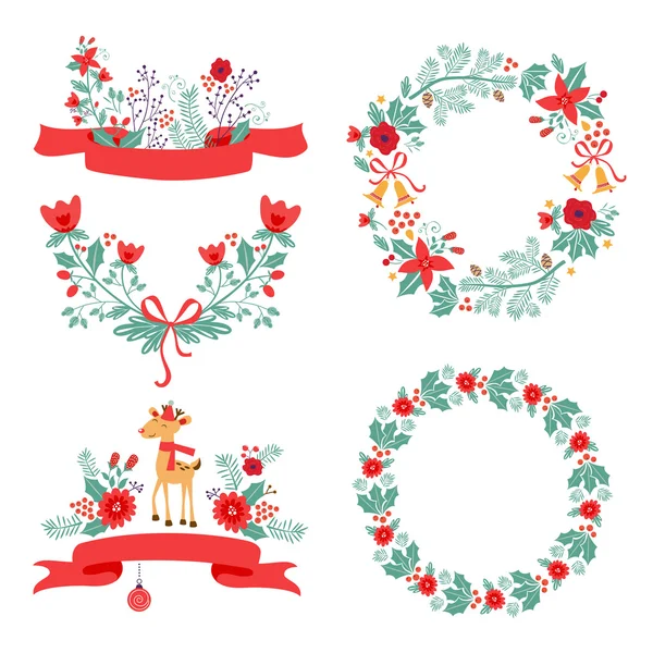 Πολύχρωμο χριστουγεννιάτικο πανό και δάφνινα στεφάνια από λουλούδια πουλιά ελάφια πουρνάρια και φύλλα Διάνυσμα Αρχείου