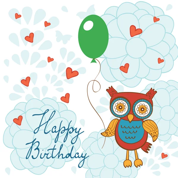 Happy birthday card with cute owl character holding balloon — Stock Vector