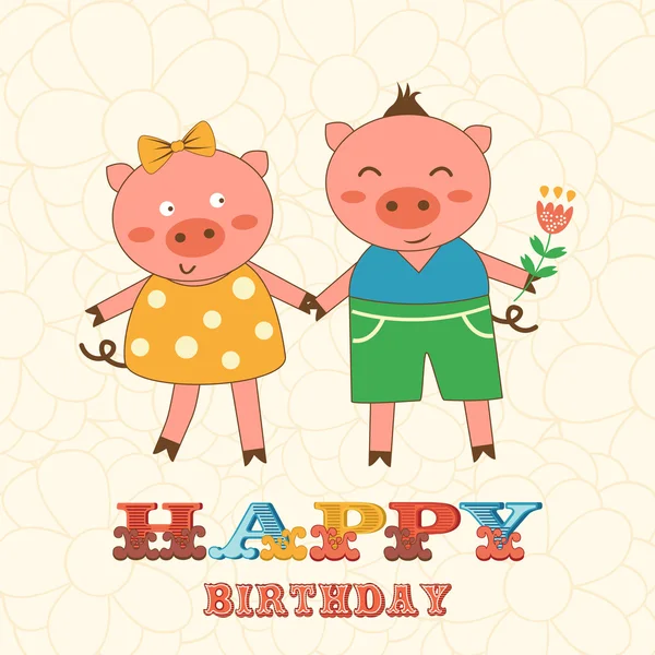 Stylish Happy birthday card with cute pigs couple. — Stock Vector