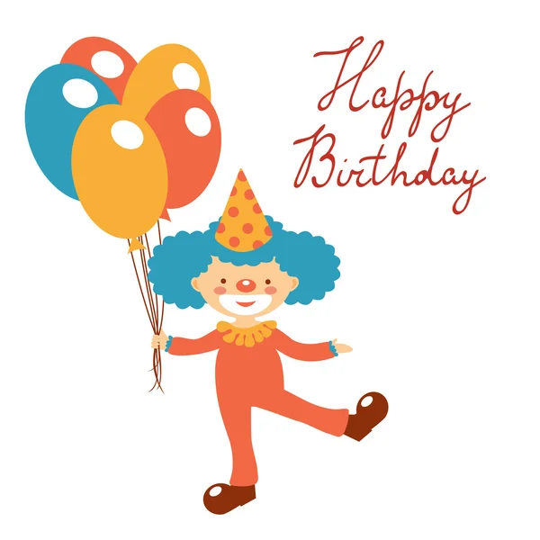 Elegante tarjeta de feliz cumpleaños con lindo payaso celebración de globos — Vector de stock