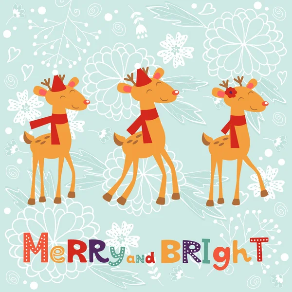 Composición colorida de Feliz Navidad con ciervos felices — Archivo Imágenes Vectoriales
