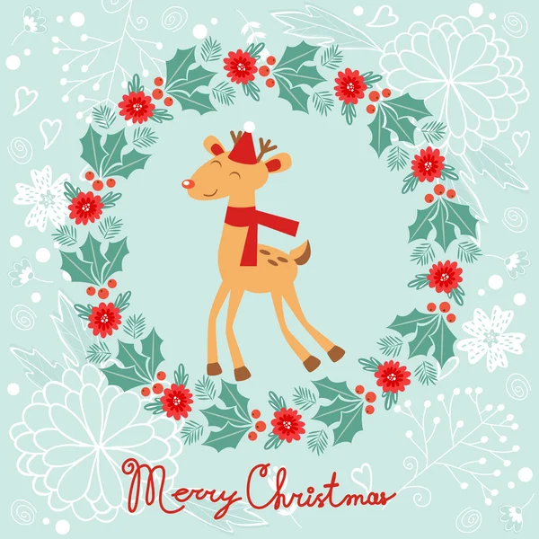 Colorida composición de Feliz Navidad con elementos navideños laurel y ciervo — Archivo Imágenes Vectoriales