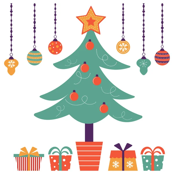 Χριστουγεννιάτικη κάρτα με χριστουγεννιάτικο δέντρο και δώρα — Διανυσματικό Αρχείο