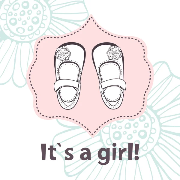 It s a girl. Lovely baby shower card with cute baby girl shoes — Stockvector
