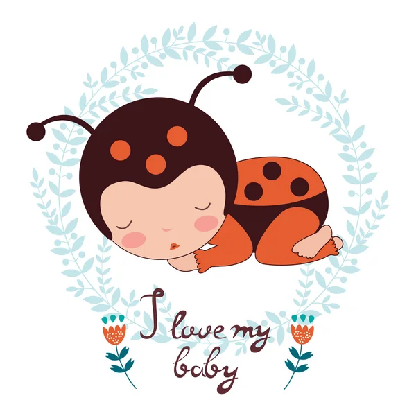 私の赤ちゃんのカードが大好きです。てんとう虫が眠っているかわいい赤ちゃんのイラスト — ストックベクタ