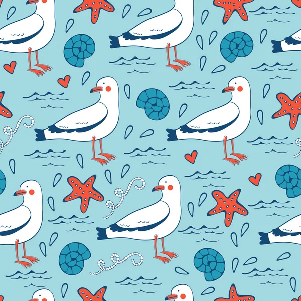 Colorful seamless sea pattern with seagulls shells and starfishes. — Stock Vector