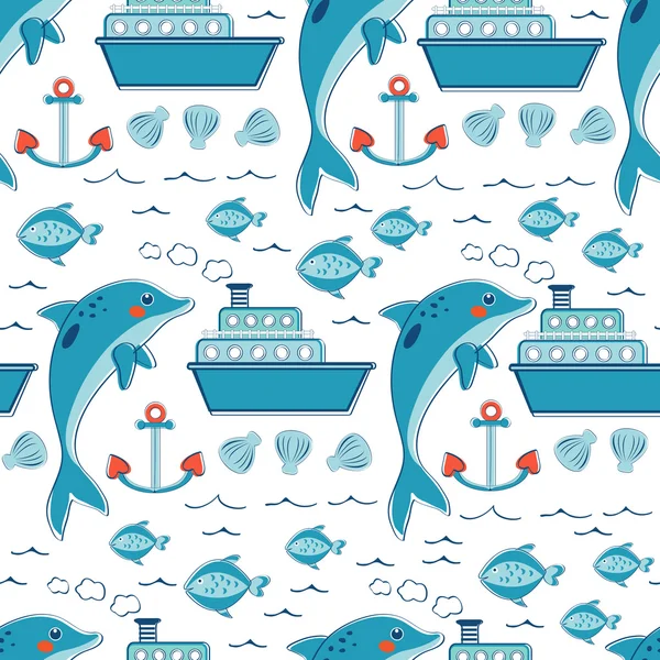 Colorful seamless sea pattern with dolphins anchors fishes and ships — Stock Vector