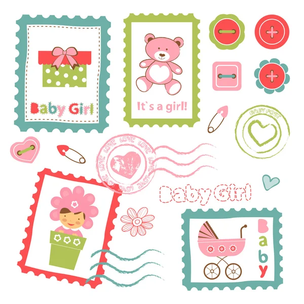 Colorful collection of baby girl announcement postal stamps — Stock Vector