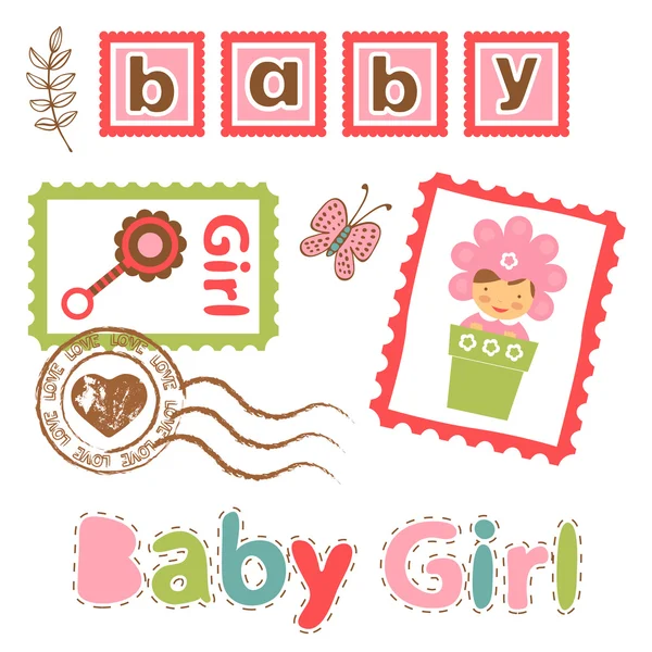 Collection colorée de timbres postaux d'annonce de bébé fille — Image vectorielle