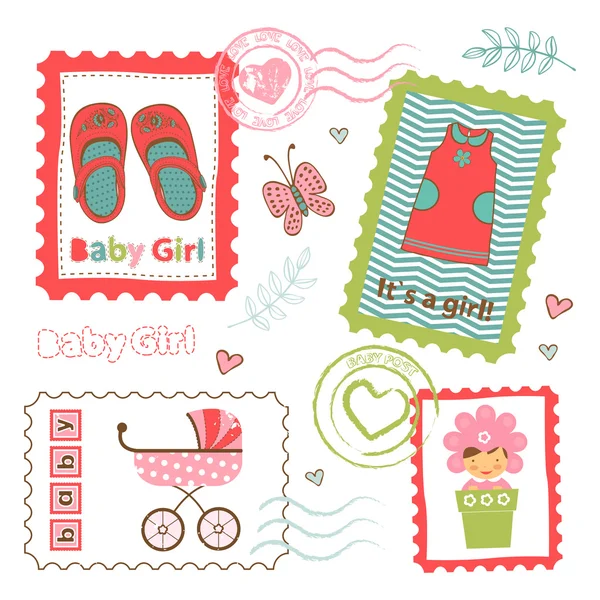 Colorida colección de bebé niña anuncio sellos postales — Vector de stock