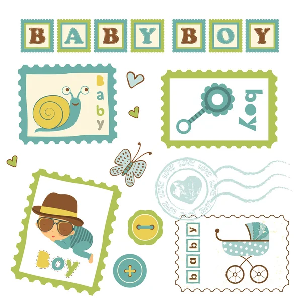 Colorful collection of baby boy announcement postal stamps — Stock Vector