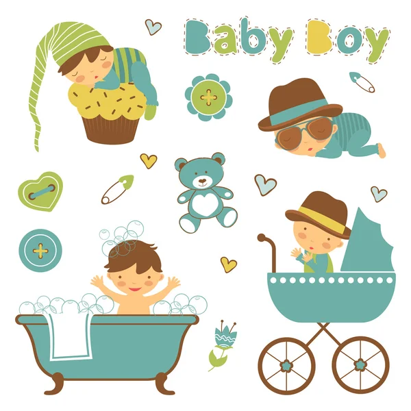 Kleurrijke verzameling van baby jongen aankondiging grafische elementen — Stockvector