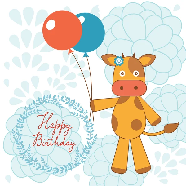 Tarjeta de cumpleaños feliz con globos de celebración de vaca feliz — Vector de stock