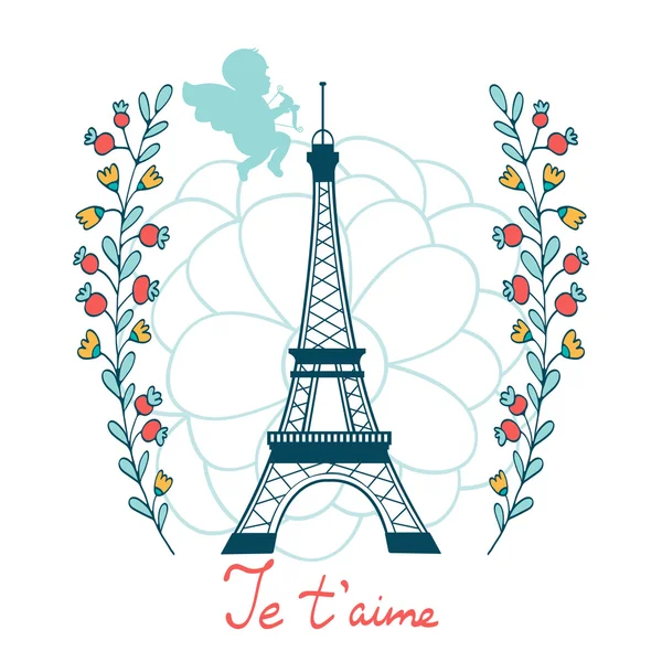 Cartão de amor conceito com Torre Eiffel e elementos florais — Vetor de Stock