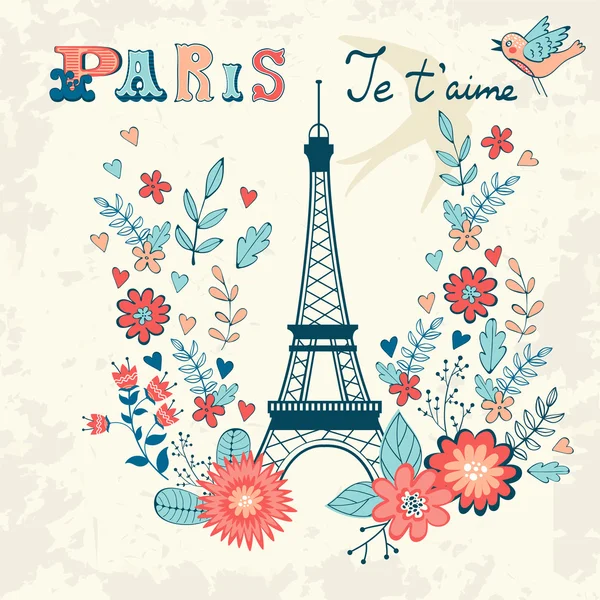Concept love card avec tour Eiffel et couronne florale — Image vectorielle