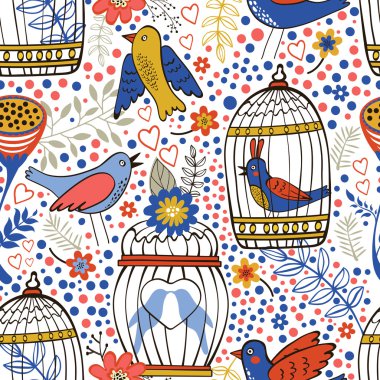 Çiçek, kuş kafesleri ve kuşlar ile zarif desen