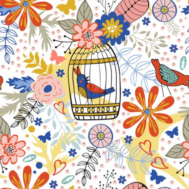 Çiçek, kuş kafesleri ve kuşlar ile zarif desen