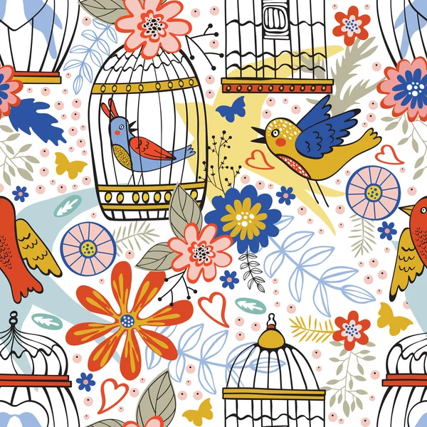 Patrón elegante con flores, jaulas para pájaros y pájaros — Vector de stock