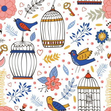 Çiçek, kuş kafesleri ve kuşlar ile zarif desen
