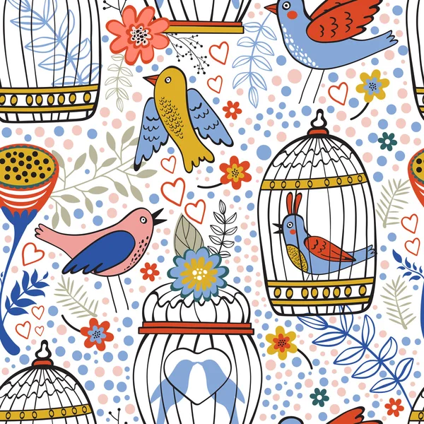 Patrón elegante con flores, jaulas para pájaros y pájaros — Archivo Imágenes Vectoriales