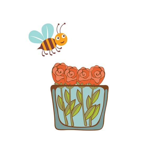 Ilustración de una abeja volando sobre un jarrón con flores — Archivo Imágenes Vectoriales