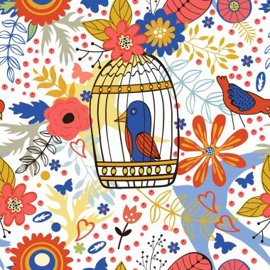 Çiçek, kuş kafesleri ve kuşlar ile zarif desen