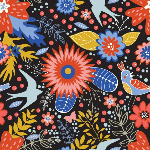Patrón inconsútil colorido con pájaros y flores en flor — Vector de stock
