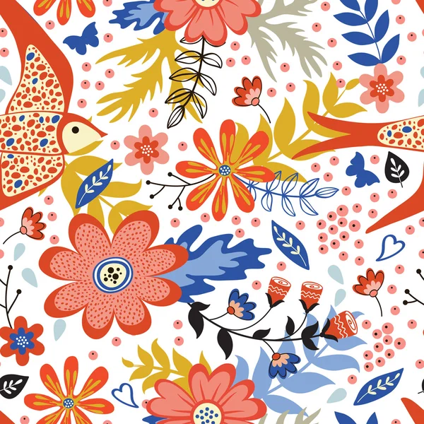 Modèle sans couture coloré avec des oiseaux et des fleurs en fleurs — Image vectorielle