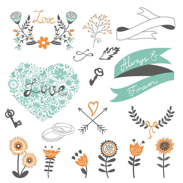 Romantic collection with flowers, wreaths and other graphic elements — Stock Vector