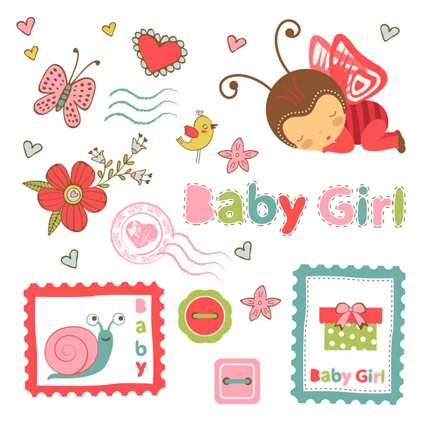 Colorful collection of baby girl announcement graphic elements — Stock Vector