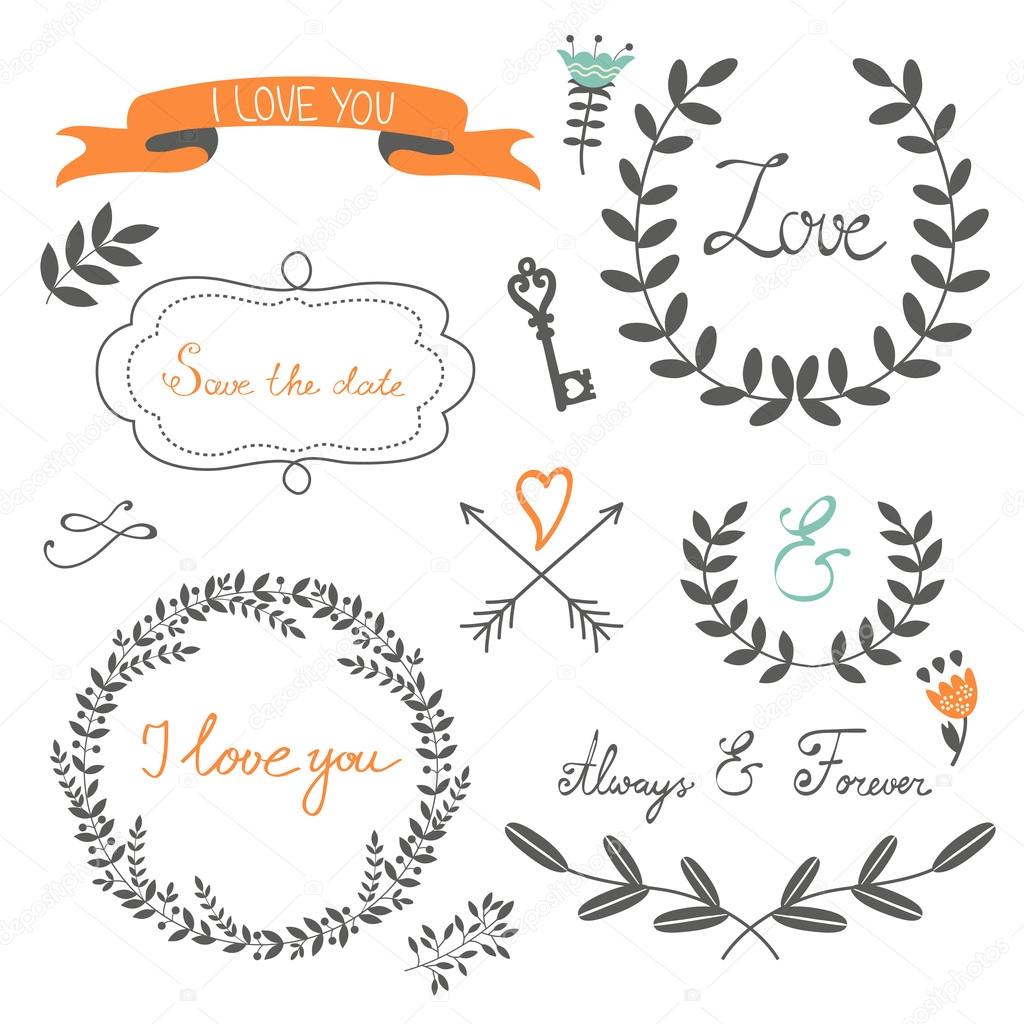 Romantic collection with flowers, wreaths and other graphic elements