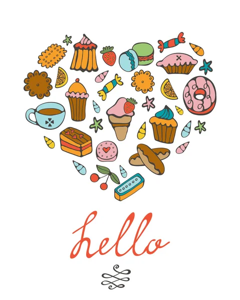 Hello card with hand drawn desserts composed in a heart — Stock Vector