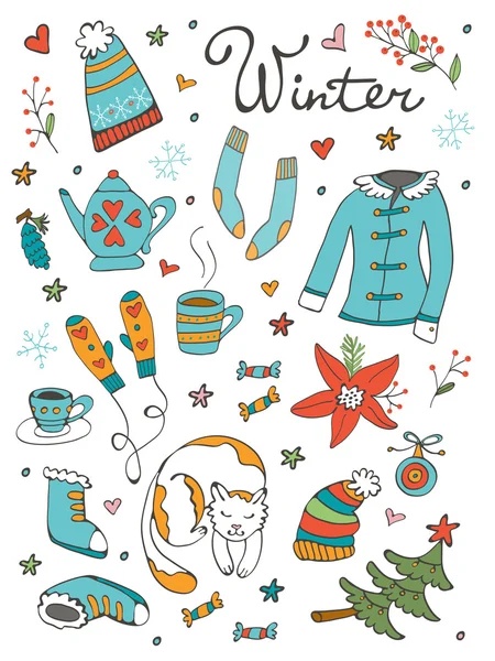 Increíble colección de elementos gráficos relacionados con el invierno dibujados a mano — Vector de stock