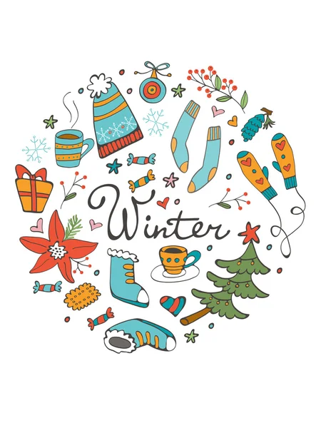 Amazing collection of hand drawn winter related graphic elements. Round composition — Stock Vector