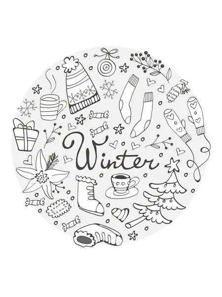 Increíble colección de elementos gráficos dibujados a mano relacionados con el invierno. Composición redonda — Vector de stock