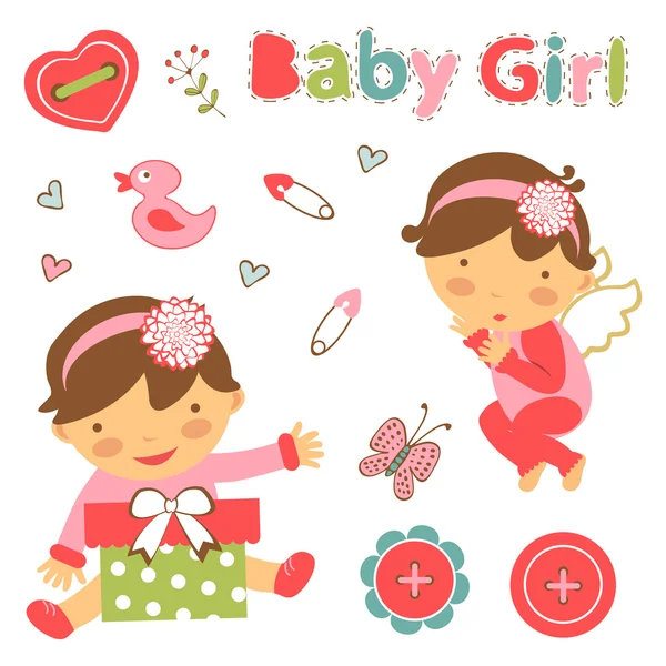 Colorful collection of baby girl announcement graphic elements — Stock Vector