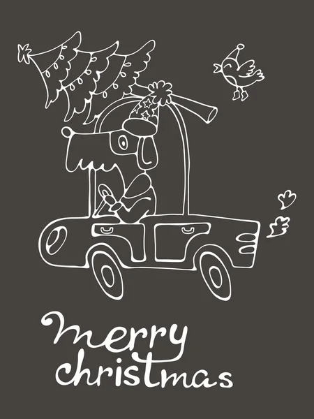 Mutlu Noeller. Sevimli köpek Noel ağacı ile sürüş Santas kostüm şaşırtıcı kartı — Stok Vektör