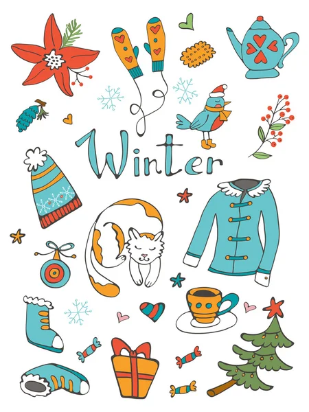 Superbe collection d'éléments graphiques liés à l'hiver dessinés à la main — Image vectorielle