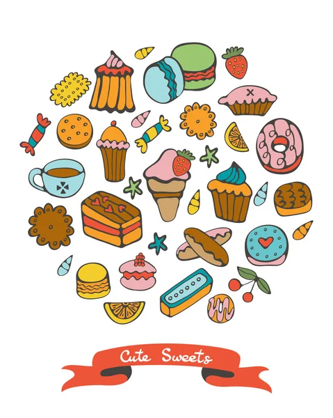 Cute collection of hand drawn sweets and desserts — Stock Vector